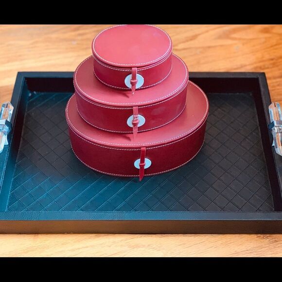 Swing Set of 3 Red Leather Oval Boxes - Picture 1 of 6